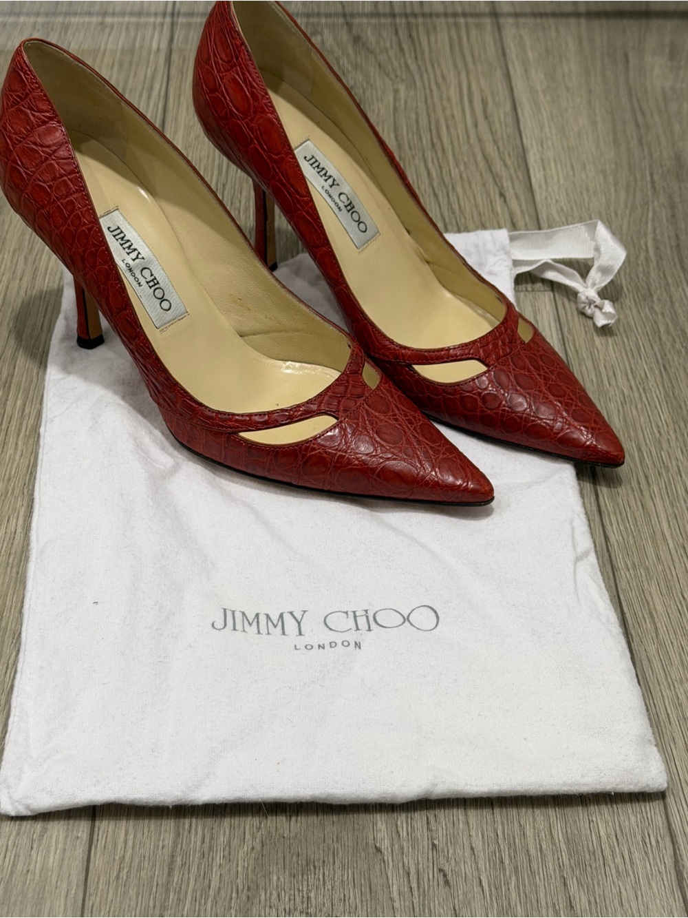 Jimmy Choo Red Croc-Embossed Pointed Cutout Pumps